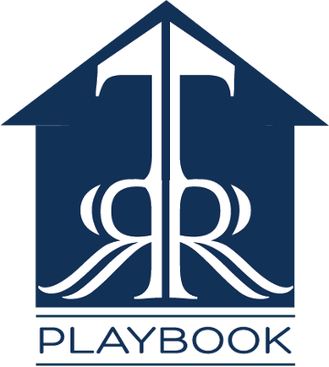 A blue and white house shaped logo that says TRR Playbook